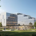 Modern Glass Office Building With Green Lawn Trees And People Around