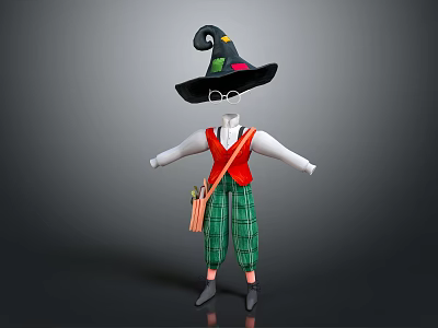Witch Costume With Black Hat Round Glasses Red Vest Green Plaid Pants And Small Bag 3d model