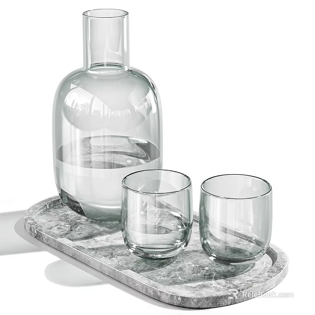 Transparent Glass Cups on Marble Tray with Clear Glass Bottle for Home Use 3d model 
