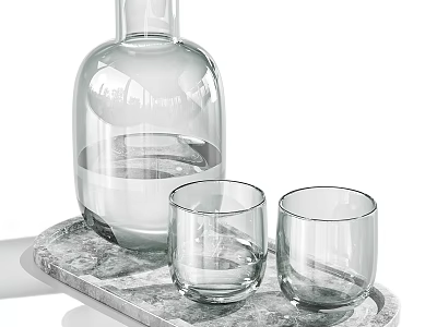 Transparent Glass Cups on Marble Tray with Clear Glass Bottle for Home Use 3d model