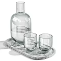 Transparent Glass Cups on Marble Tray with Clear Glass Bottle for Home Use