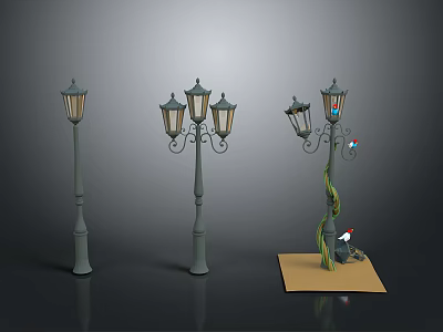 Architectural Street Lamps Featuring Various Designs With Single Multiple Lights And Vine Decorations 3d model