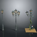 Architectural Street Lamps Featuring Various Designs With Single Multiple Lights And Vine Decorations