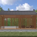 Traditional Wooden Pergola with Classic Curved Roof Carved Lattice Surrounded by Green Trees
