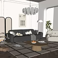 Modern Living Room With Black Leather Sofa White Cushions Beige Armchair And Wooden Coffee Table