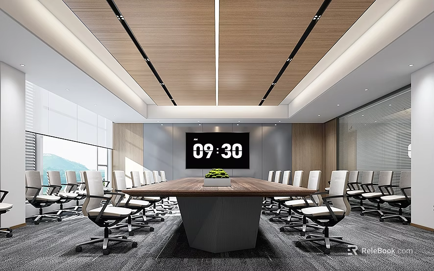 Modern Conference Room Interior With Long Wooden Table Large Screen And Comfortable Chairs 3d model 