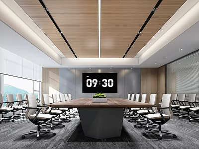 Modern Conference Room Interior With Long Wooden Table Large Screen And Comfortable Chairs 3d model