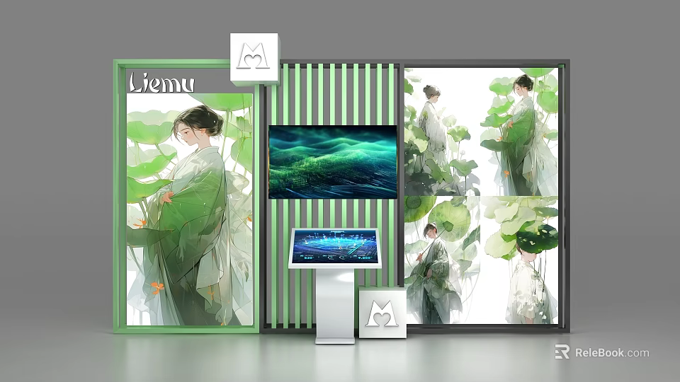 Modern Display Shelves With Green Theme Character Portraits Digital Screens And Decorative Panels 3d model 