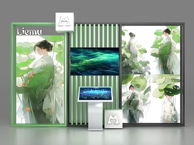 Modern Display Shelves With Green Theme Character Portraits Digital Screens And Decorative Panels 3d model