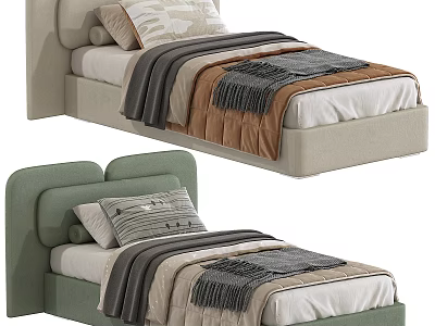 Single Bed with Upholstered Headboard Cozy Blankets and Pillows in Neutral and Green Tones 3d model