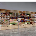 Retail Display Shelves With Wooden Metal Structure Stocked With Various Products