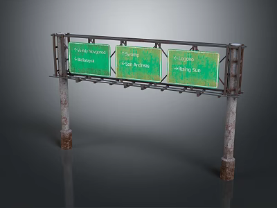Overhead Highway Sign Structure with Three Green Signs on Weathered Metal Frame and Pillars 3d model