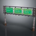 Overhead Highway Sign Structure with Three Green Signs on Weathered Metal Frame and Pillars