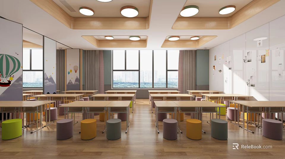 Bright Kindergarten Classroom Interior with Colorful Stools Wooden Tables Large Windows and Wall Decorations 3d model 