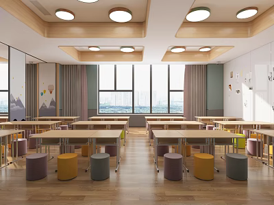 Bright Kindergarten Classroom Interior with Colorful Stools Wooden Tables Large Windows and Wall Decorations 3d model