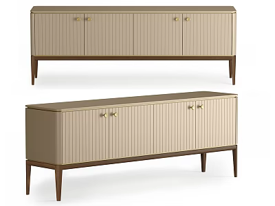 Modern Light Beige TV Stand With Vertical Stripe Doors Golden Handles And Dark Wooden Legs 3d model