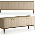 Modern Light Beige TV Stand With Vertical Stripe Doors Golden Handles And Dark Wooden Legs