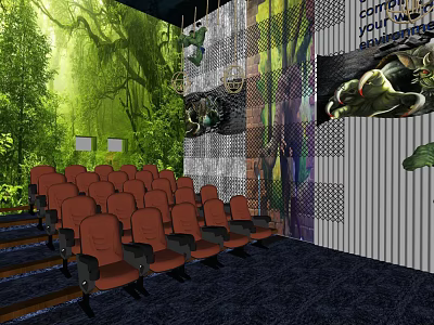Immersive Cinema Interior With Red Seats Green Forest Background And Decorative Wall 3d model
