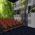 Immersive Cinema Interior With Red Seats Green Forest Background And Decorative Wall
