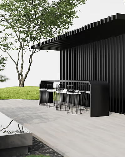 Outdoor Bar Stools With White Seats Metal Frames Near Black Vertical Slat Wall Green Lawn 3d model