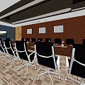 Modern Conference Room With Long Table Black Office Chairs Wooden Walls And Large Screen