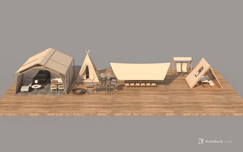 Various Tents In Outdoor Campsite With Wooden Deck Tables And Canopy 3d model 