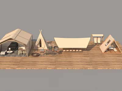 Various Tents In Outdoor Campsite With Wooden Deck Tables And Canopy 3d model
