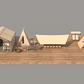 Various Tents In Outdoor Campsite With Wooden Deck Tables And Canopy