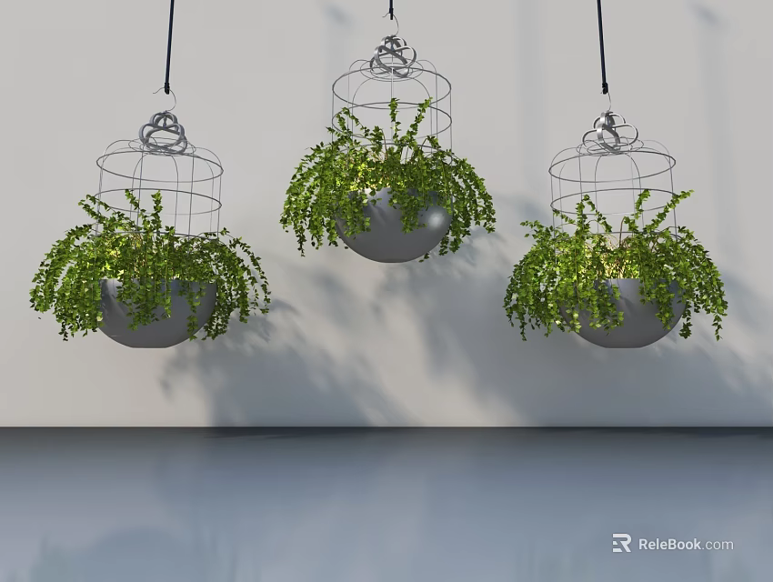 Hinged Door Interior With Hanging Metal Birdcage Planters And Green Plants 3d model 