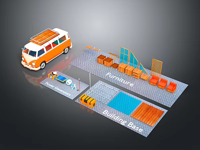 Building Base And Sunbrella Scene With Orange Van Pool Mesh Structure And Wooden Planks 3d model