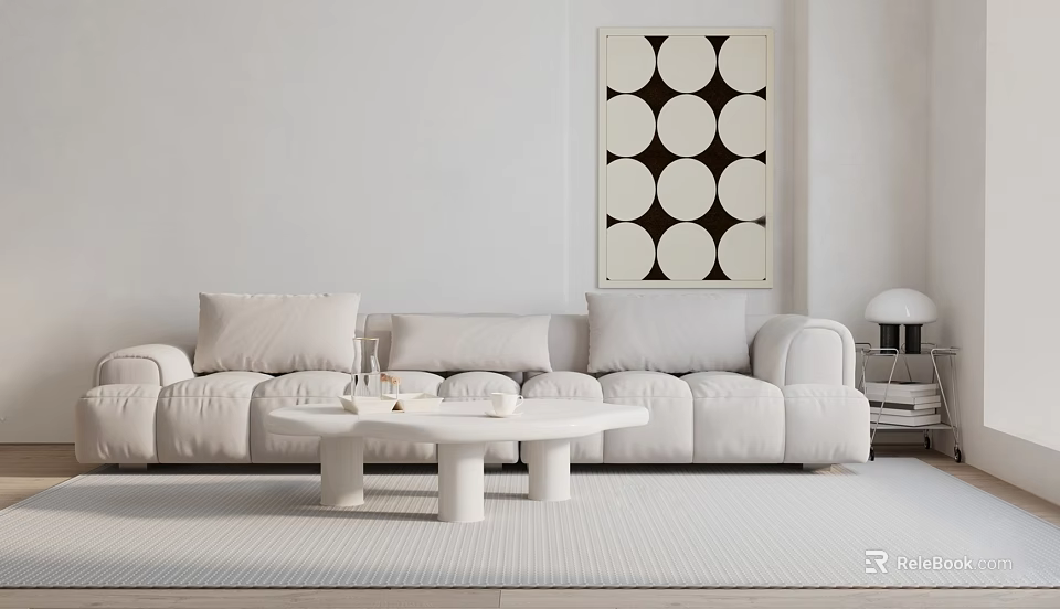 Modern White Sectional Sofa Living Room Interior With Coffee Table Soft Rug And Wall Art 3d model 