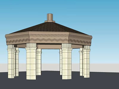 Outdoor Octagonal Gazebo Featuring Ornate Columns And Brown Shingled Roof 3d model