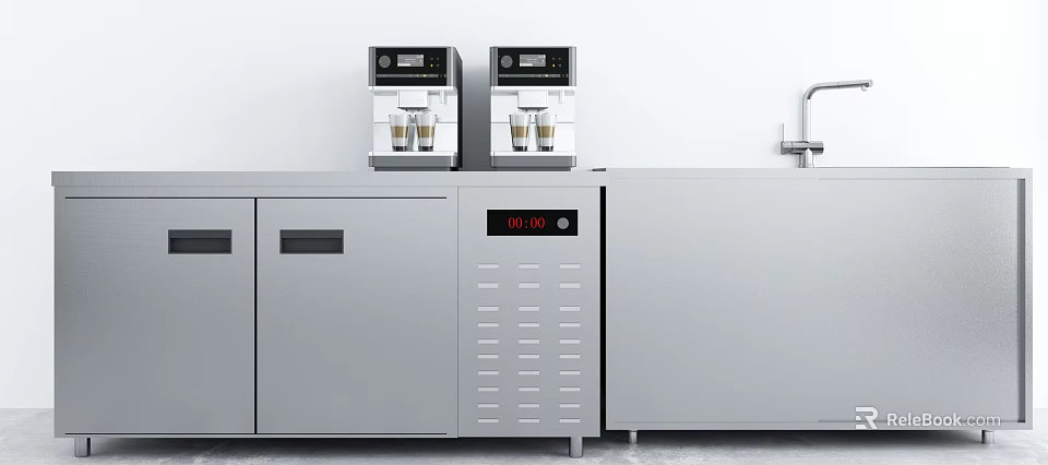 Silver Modern Kitchen Appliances Featuring Coffee Machines Digital Displays Cabinets And Faucet 3d model 
