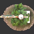 Decorative Ornament Set With Wood Pole Green Ship Wheel Red Tassels Plants And Greenery On Stone Base