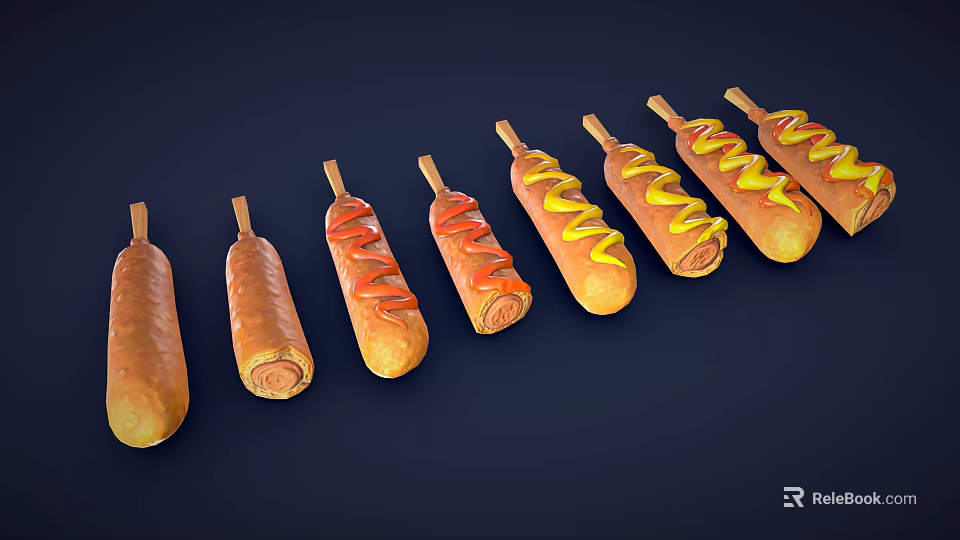 Assorted Hot Dogs With Ketchup And Mustard On Dark Background 3d model 