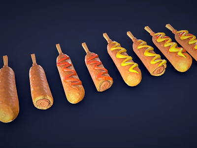 Assorted Hot Dogs With Ketchup And Mustard On Dark Background 3d model