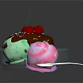 Delicious Colorful Ice Cream in Glass Bowl with Chocolate Sauce and Cherries Served with Spoon