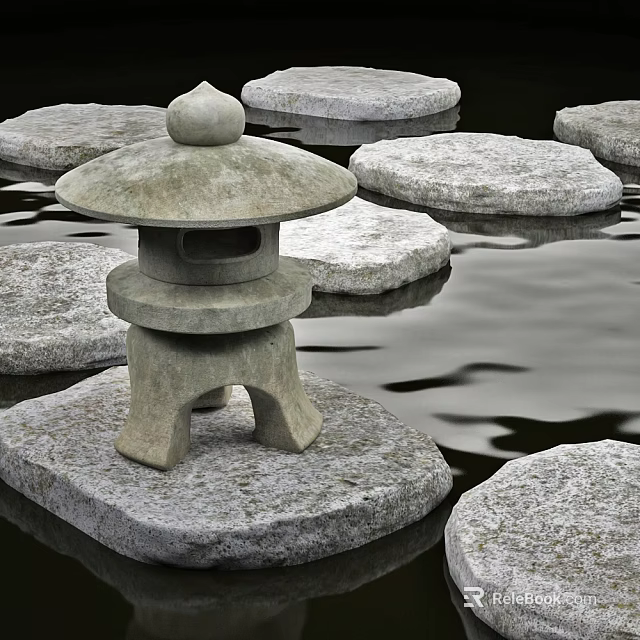 Traditional Stone Outdoor Lantern On Circular Stone Pads In Water Garden With Reflection 3d model 