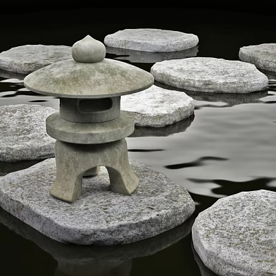 Traditional Stone Outdoor Lantern On Circular Stone Pads In Water Garden With Reflection 3d model