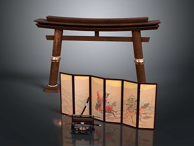 Traditional Japanese Torii Gate And Folding Screen Display With Painted Panels Calligraphy Brush And Inkstone 3d model