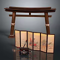Traditional Japanese Torii Gate And Folding Screen Display With Painted Panels Calligraphy Brush And Inkstone