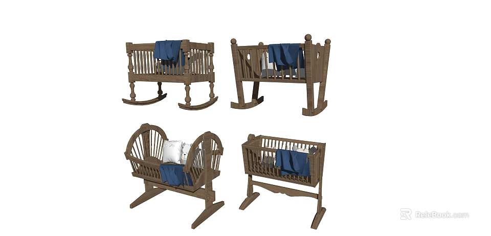 Wooden Rocking Baby Crib With Blue Bedding And Multiple Designs 3d model 