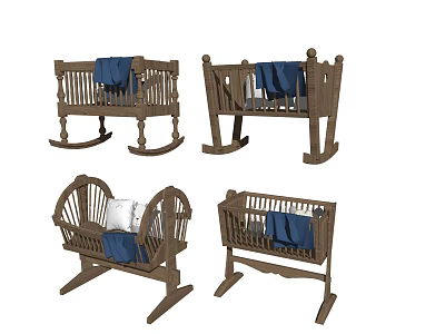 Wooden Rocking Baby Crib With Blue Bedding And Multiple Designs 3d model