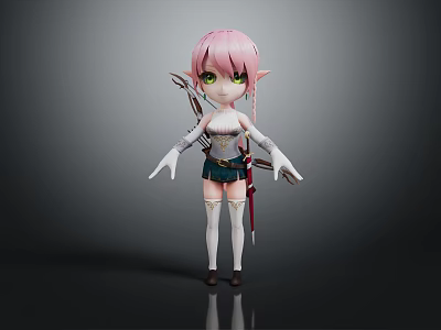 Pink Haired Elf Archer Character With Green Eyes And Bow 3d model
