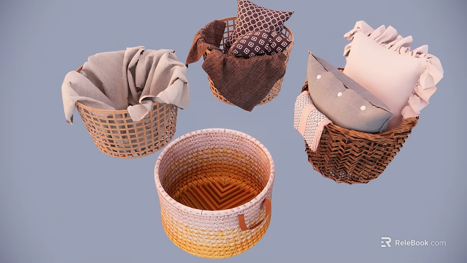 Stylish Decorative Pillows in Woven Baskets with Various Patterns and Colors 3d model 