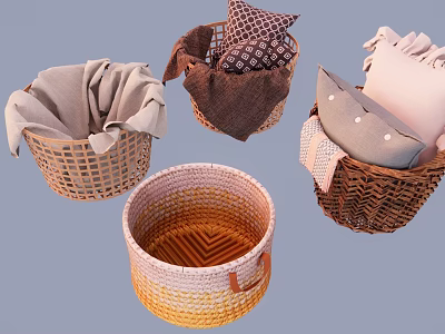Stylish Decorative Pillows in Woven Baskets with Various Patterns and Colors 3d model