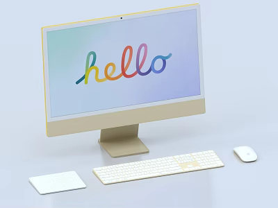 Modern Desktop Computer Setup With Colorful Hello Text On Screen And Wireless Keyboard Mouse Trackpad 3d model