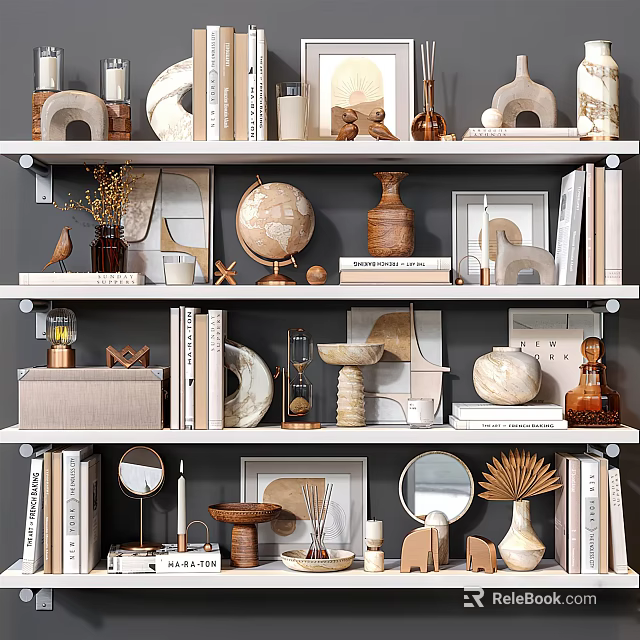 Stylish Decorative Ornaments Set With Globe Vases Books Frames Mirrors On Shelves 3d model 