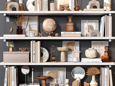 Stylish Decorative Ornaments Set With Globe Vases Books Frames Mirrors On Shelves 3d model