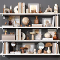 Stylish Decorative Ornaments Set With Globe Vases Books Frames Mirrors On Shelves